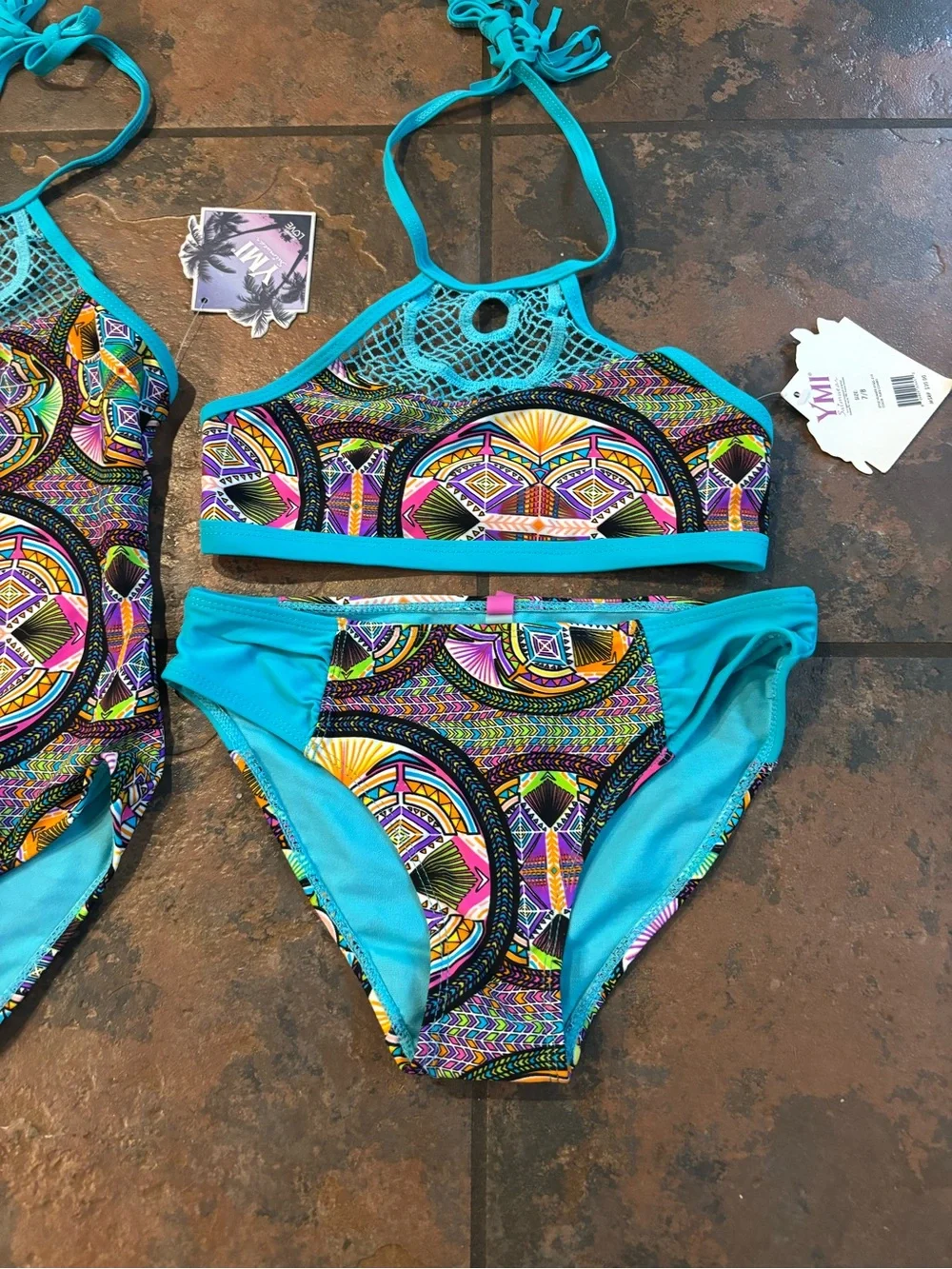 🌿YMI Turquoise Multicolor Geo Halter One-Piece & Bikini Set